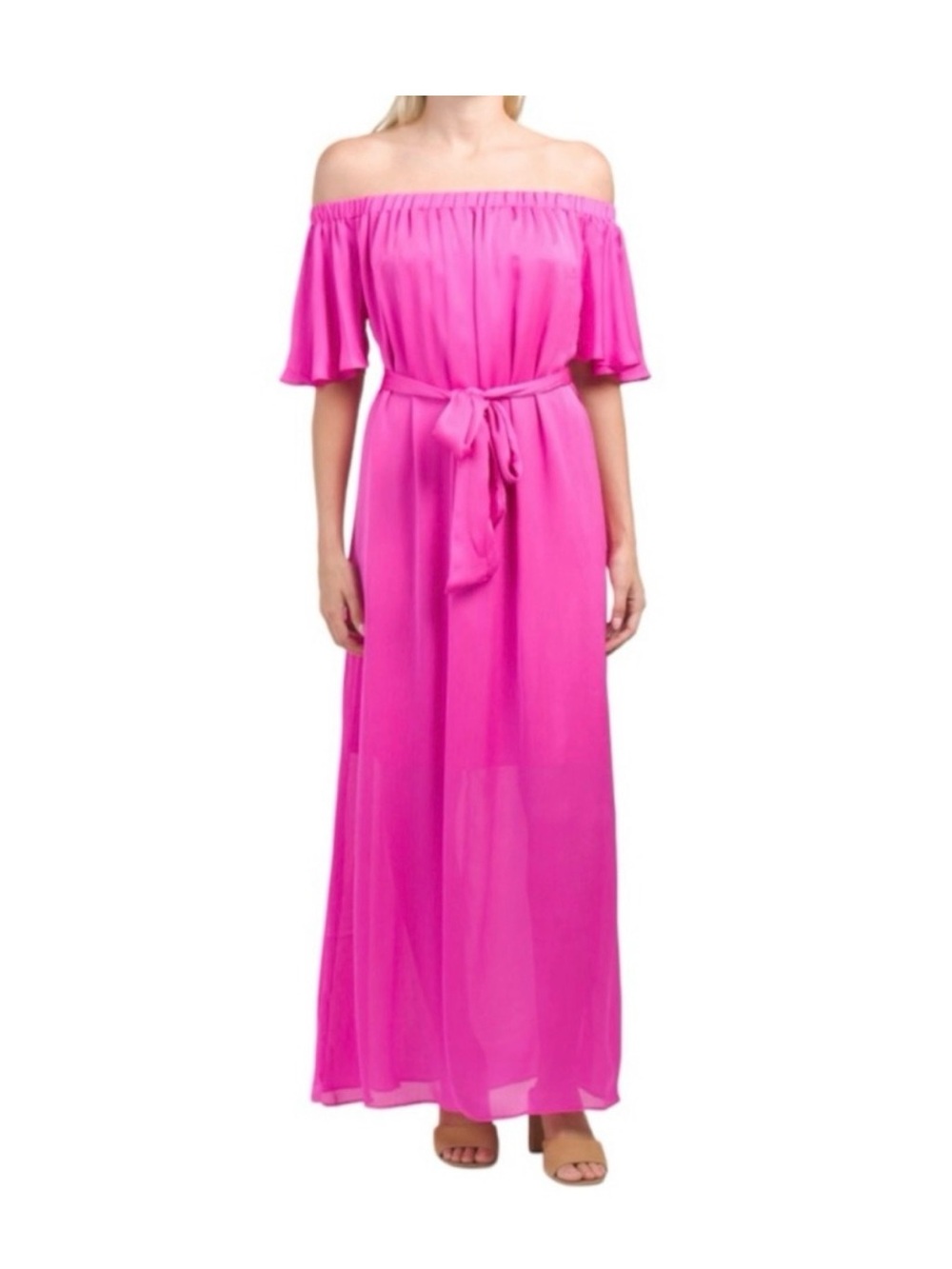 Trina Turk Hot Pink Off-Shoulder Maxi Dress with Waist Tie